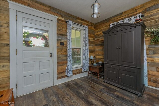 815 N Walnut St, Dover, OH 44622 - entryway featuring dark wood-type flooring and wooden walls