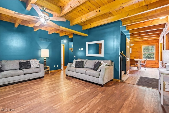 15961 Terramont St NE, Minerva, OH 44657 - living room featuring a wooden ceiling with exposed beams, wood finished floors, and a ceiling fan