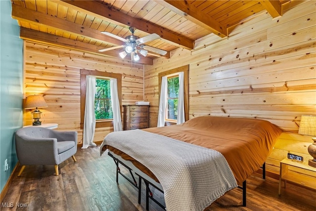 15961 Terramont St NE, Minerva, OH 44657 - bedroom with wood finished floors, a wooden ceiling with exposed beams, and wooden walls