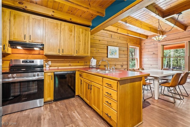 15961 Terramont St NE, Minerva, OH 44657 - kitchen featuring dishwasher, under cabinet range hood, stainless steel electric stove, a wooden ceiling with exposed beams, and a peninsula