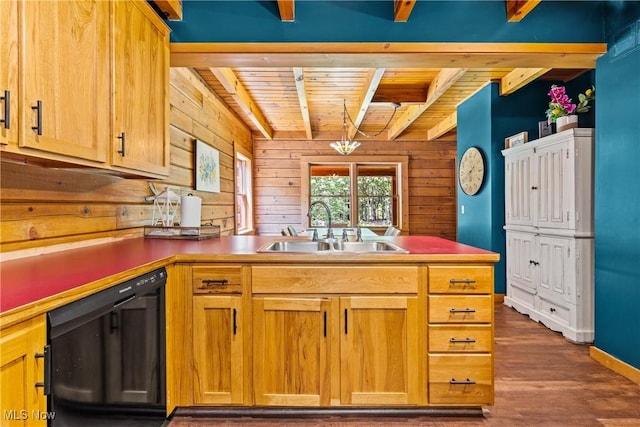 15961 Terramont St NE, Minerva, OH 44657 - kitchen with black dishwasher, a wood ceiling with exposed beams, a peninsula, wood walls, and wood finished floors