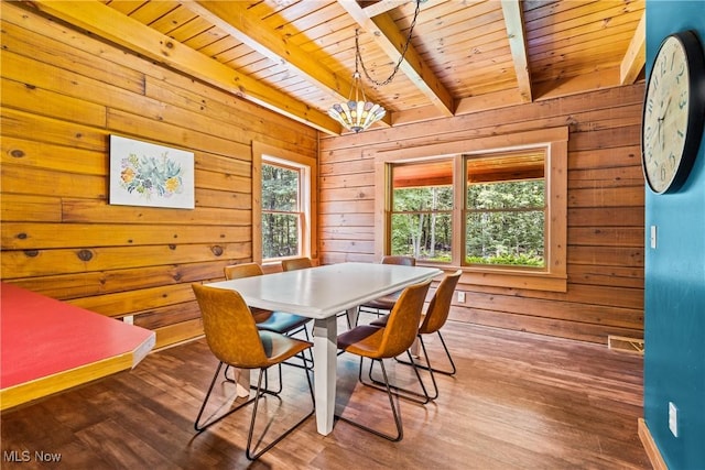 15961 Terramont St NE, Minerva, OH 44657 - dining space with a wood ceiling with exposed beams, wood walls, wood finished floors, and a chandelier