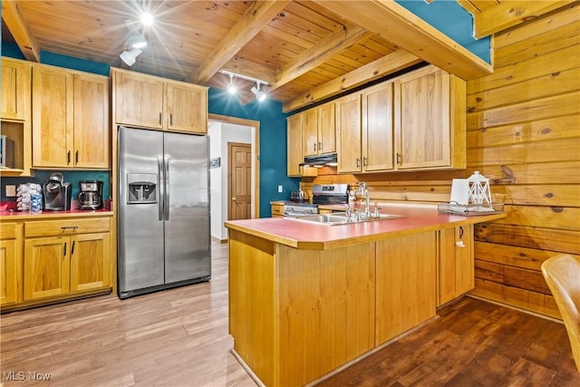 15961 Terramont St NE, Minerva, OH 44657 - kitchen with stainless steel appliances, a wooden ceiling with exposed beams, under cabinet range hood, light wood-type flooring, and a kitchen bar