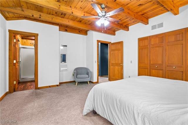 15961 Terramont St NE, Minerva, OH 44657 - bedroom featuring a wood ceiling with exposed beams, carpet floors, a closet, and ceiling fan