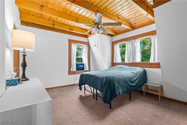 15961 Terramont St NE, Minerva, OH 44657 - bedroom featuring a wood ceiling with exposed beams, carpet, and a ceiling fan