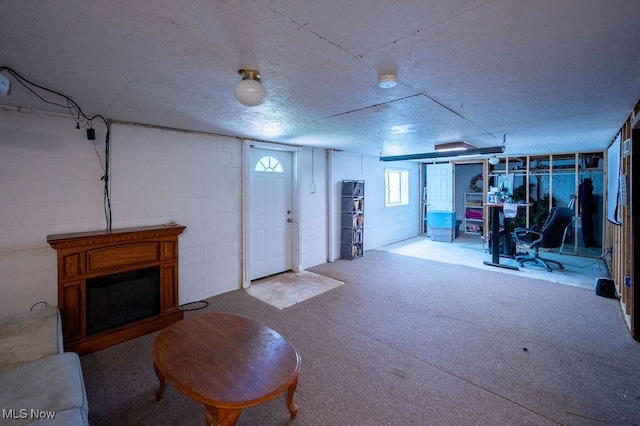 106 Wedgewood Dr, Parkersburg, WV 26104 - basement featuring carpet floors, a fireplace, and concrete block wall