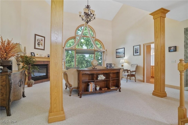 1288 Windward Ln, Kent, OH 44240 - foyer entrance with ornate columns, carpet, high vaulted ceiling, and a fireplace