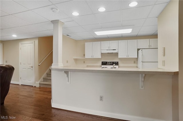 1288 Windward Ln, Kent, OH 44240 - kitchen with freestanding refrigerator, range, a breakfast bar, a drop ceiling, and under cabinet range hood