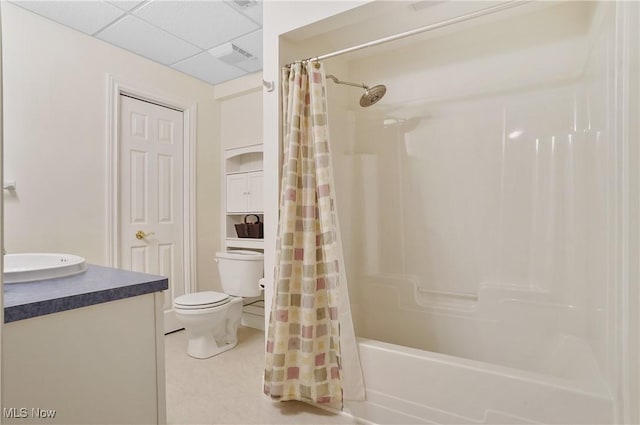1288 Windward Ln, Kent, OH 44240 - full bathroom with shower / bath combo with shower curtain, vanity, a paneled ceiling, and tile patterned flooring