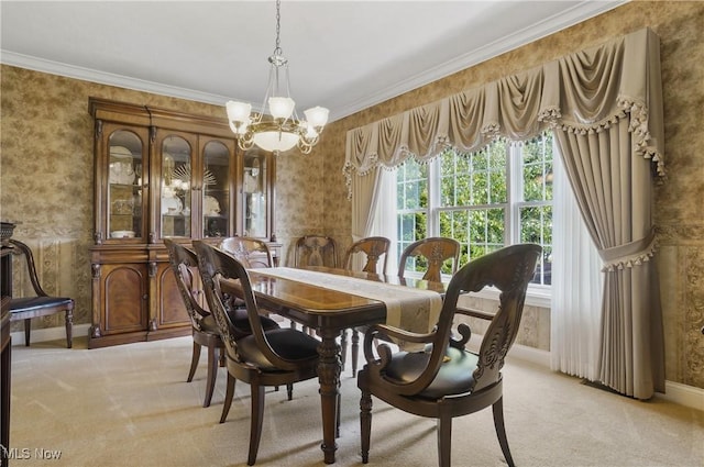1288 Windward Ln, Kent, OH 44240 - dining room with a chandelier, light colored carpet, wallpapered walls, and ornamental molding