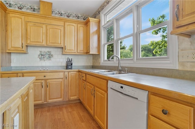 1288 Windward Ln, Kent, OH 44240 - kitchen with white dishwasher, light wood finished floors, light countertops, and decorative backsplash
