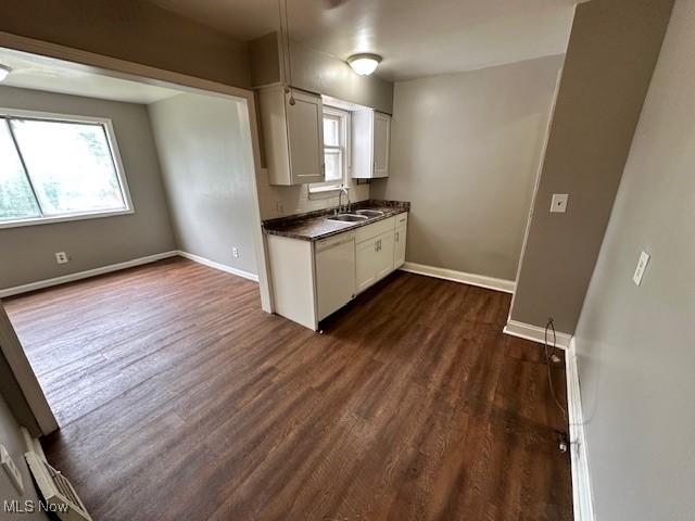 21316 Watson Rd, Maple Heights, OH 44137 - kitchen featuring dark wood-type flooring, dark countertops, and white cabinetry