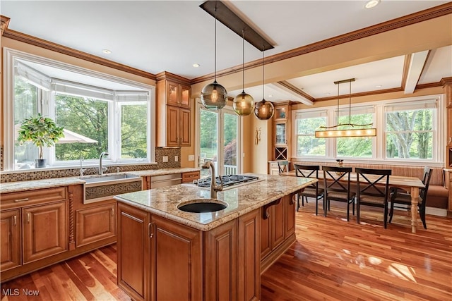 7488 Valley View Rd, Hudson, OH 44236 - kitchen with light wood-style flooring, appliances with stainless steel finishes, plenty of natural light, decorative light fixtures, and ornamental molding