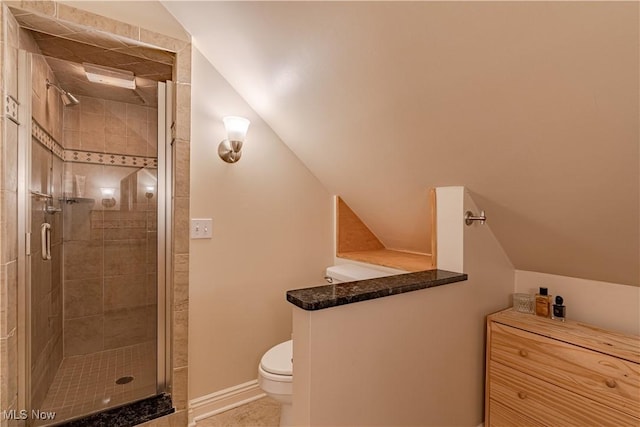 7488 Valley View Rd, Hudson, OH 44236 - bathroom with lofted ceiling, a shower stall, and tile patterned floors