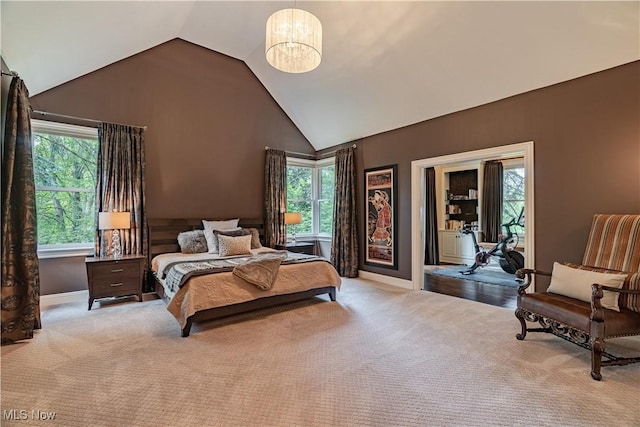 7488 Valley View Rd, Hudson, OH 44236 - bedroom featuring vaulted ceiling, carpet floors, and a chandelier