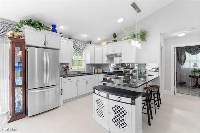 14203 Hatfield Rd, Rittman, OH 44270 - kitchen with stainless steel appliances, under cabinet range hood, dark countertops, a peninsula, and white cabinets
