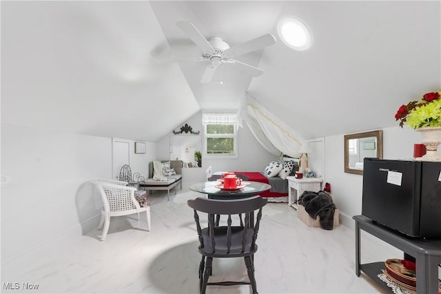 14203 Hatfield Rd, Rittman, OH 44270 - playroom featuring a ceiling fan, vaulted ceiling, and marble finish flooring