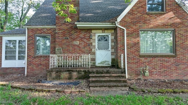 2335 Southway St SW, Massillon, OH 44646 - property entrance with a shingled roof, brick siding, and a chimney