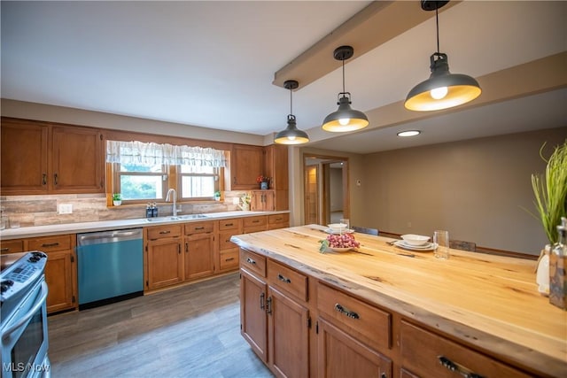 809 Mcdaniel Ave, Minerva, OH 44657 - kitchen featuring dishwashing machine, stainless steel electric stove, butcher block counters, pendant lighting, and recessed lighting