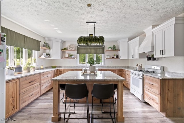 59301 Honeybee Rd, Senecaville, OH 43780 - kitchen with open shelves, white gas stove, healthy amount of natural light, and a textured ceiling