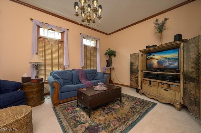 1015 Cambridge Ct NE, Warren, OH 44484 - carpeted living area with a chandelier and ornamental molding