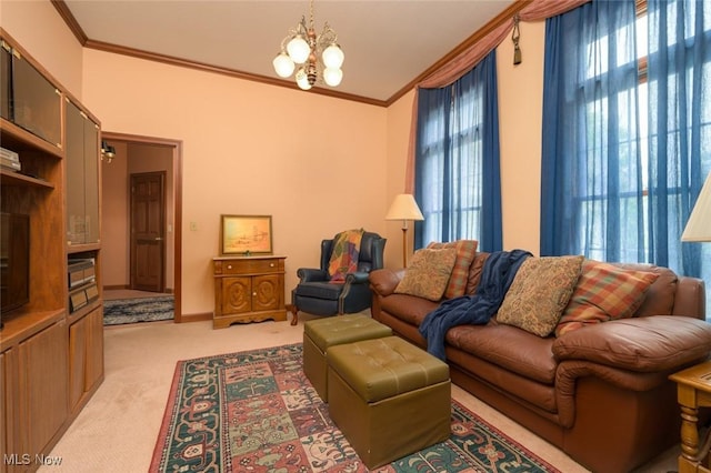 1015 Cambridge Ct NE, Warren, OH 44484 - living room with crown molding, light colored carpet, plenty of natural light, and a chandelier