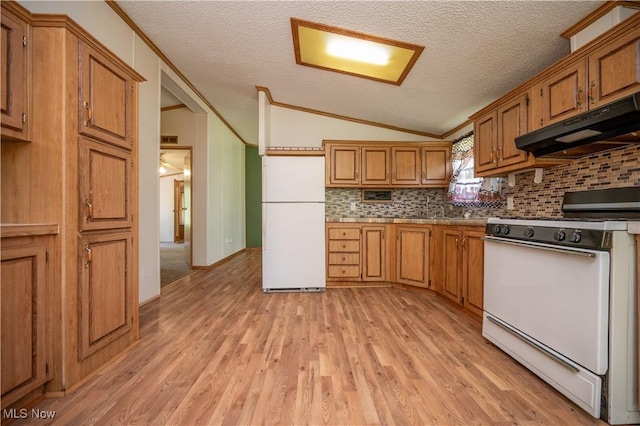 2500 Mcclintocksburg Rd, Deerfield, OH 44411 - kitchen with white appliances, under cabinet range hood, light wood-style floors, vaulted ceiling, and tasteful backsplash