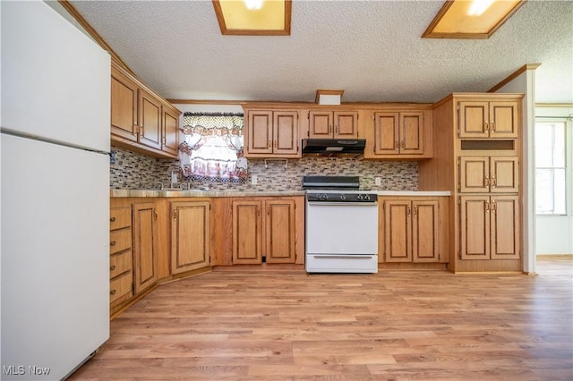 2500 Mcclintocksburg Rd, Deerfield, OH 44411 - kitchen with white appliances, under cabinet range hood, backsplash, light wood-style flooring, and a textured ceiling