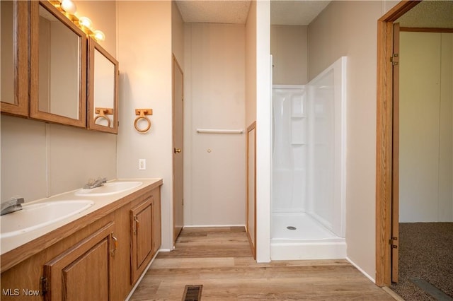2500 Mcclintocksburg Rd, Deerfield, OH 44411 - bathroom featuring wood finished floors, double vanity, and a walk in shower