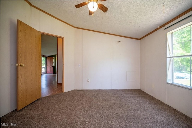 2500 Mcclintocksburg Rd, Deerfield, OH 44411 - carpeted empty room featuring ornamental molding, a ceiling fan, a textured ceiling, and vaulted ceiling