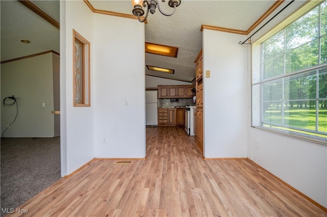 2500 Mcclintocksburg Rd, Deerfield, OH 44411 - unfurnished living room with plenty of natural light, ornamental molding, light wood-type flooring, vaulted ceiling, and a textured ceiling