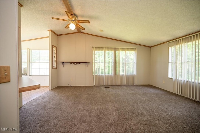2500 Mcclintocksburg Rd, Deerfield, OH 44411 - unfurnished living room featuring a textured ceiling, a ceiling fan, carpet floors, and vaulted ceiling