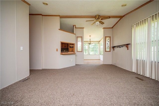 2500 Mcclintocksburg Rd, Deerfield, OH 44411 - unfurnished living room with a ceiling fan, carpet flooring, vaulted ceiling, a chandelier, and crown molding