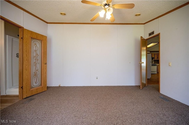 2500 Mcclintocksburg Rd, Deerfield, OH 44411 - empty room featuring carpet floors, ornamental molding, a textured ceiling, and ceiling fan