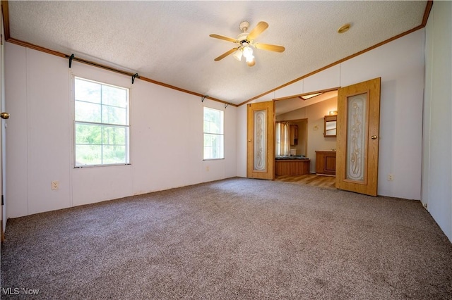 2500 Mcclintocksburg Rd, Deerfield, OH 44411 - spare room featuring ornamental molding, lofted ceiling, carpet, ceiling fan, and a textured ceiling