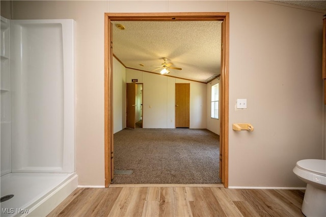 2500 Mcclintocksburg Rd, Deerfield, OH 44411 - bathroom with a textured ceiling, a stall shower, a ceiling fan, wood finished floors, and lofted ceiling