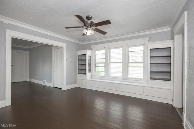 11515 Hopkins Ave, Cleveland, OH 44108 - unfurnished room with ceiling fan, dark wood-style flooring, a textured ceiling, and ornamental molding