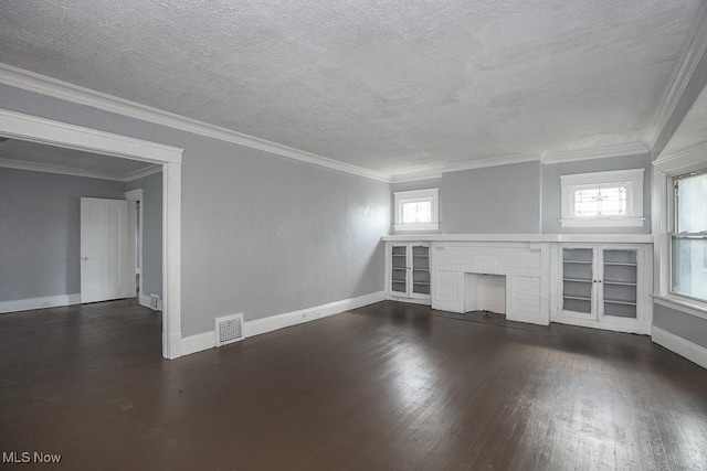 11515 Hopkins Ave, Cleveland, OH 44108 - unfurnished living room featuring wood finished floors, a fireplace, a textured ceiling, and ornamental molding