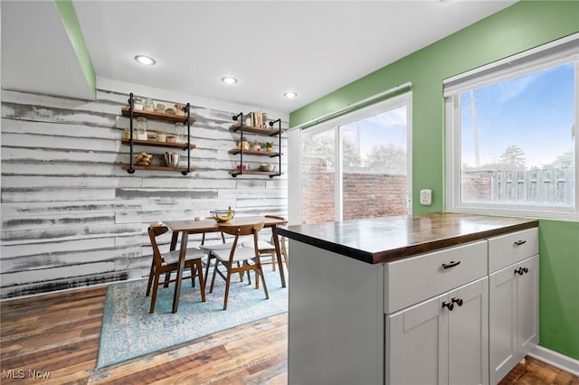 2400 Arlington Dr, Lyndhurst, OH 44124 - kitchen featuring wood finished floors, recessed lighting, open shelves, and white cabinetry