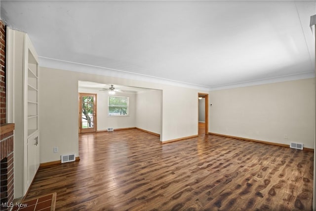 792 Miner Rd, Highland Heights, OH 44143 - unfurnished living room with dark wood finished floors, a ceiling fan, and crown molding