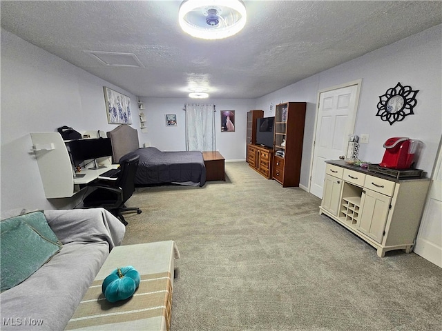 8240 Bellflower Rd, Mentor, OH 44060 - bedroom with light carpet, a textured ceiling, and an office area