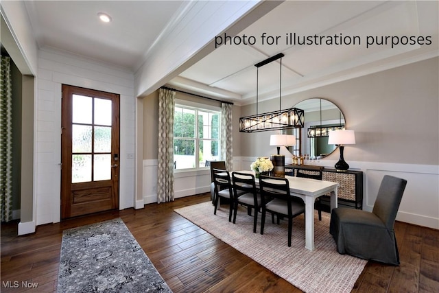 52 Boulder Blvd, Peninsula, OH 44264 - dining room featuring ornamental molding, wainscoting, hardwood / wood-style flooring, a chandelier, and recessed lighting
