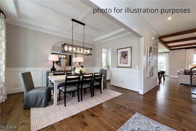 52 Boulder Blvd, Peninsula, OH 44264 - dining space with beamed ceiling, dark wood-style floors, a decorative wall, a chandelier, and crown molding