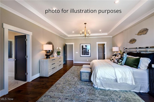 52 Boulder Blvd, Peninsula, OH 44264 - bedroom featuring a chandelier, a raised ceiling, dark wood finished floors, recessed lighting, and ornamental molding