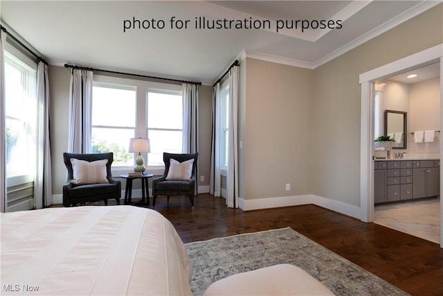 52 Boulder Blvd, Peninsula, OH 44264 - bedroom featuring multiple windows, crown molding, connected bathroom, and wood finished floors