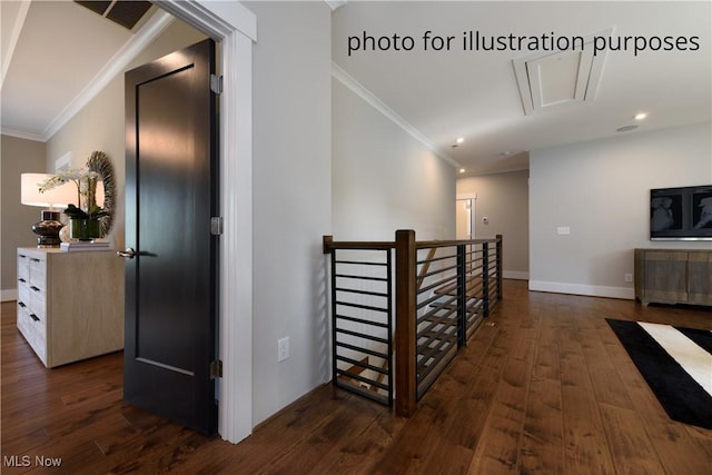 52 Boulder Blvd, Peninsula, OH 44264 - corridor with ornamental molding, dark wood-style floors, an upstairs landing, attic access, and recessed lighting