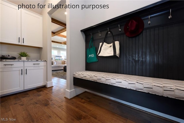 52 Boulder Blvd, Peninsula, OH 44264 - mudroom featuring dark wood finished floors, coffered ceiling, and beamed ceiling