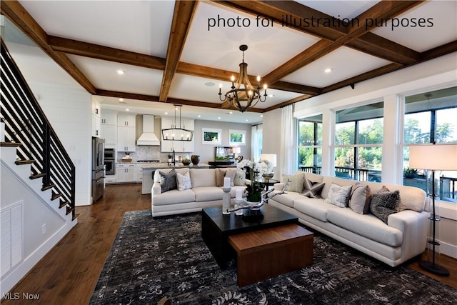 52 Boulder Blvd, Peninsula, OH 44264 - living area with a chandelier, coffered ceiling, dark wood-style floors, beamed ceiling, and stairs