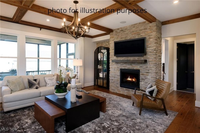 52 Boulder Blvd, Peninsula, OH 44264 - living room featuring beam ceiling, wood-type flooring, a chandelier, a stone fireplace, and coffered ceiling