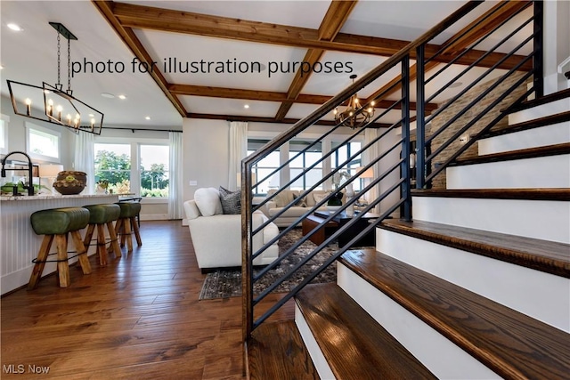 52 Boulder Blvd, Peninsula, OH 44264 - stairway with a chandelier, wood-type flooring, coffered ceiling, recessed lighting, and beamed ceiling